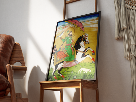 Restored Sikh equestrian painting depicting Guru Gobind Singh accompanied by a Nihang attendant, dating to circa 1830–1850. This restored historical artwork is offered as a premium fine art print for buyers in the UK, USA, and Canada. The restoration refines detail and contrast for museum-grade printing while retaining period authenticity. Ideal for collectors of Sikh warrior art, Nihang Sikh imagery, restored Sikh paintings, and high-quality art prints suitable for framing or canvas display.