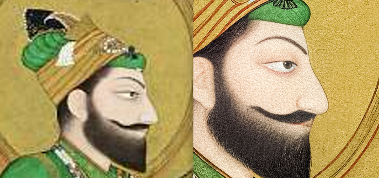 Equestrian Portrait of Guru Gobind Singh(Restored) with Nihang Attendant (ca.1830–1850)