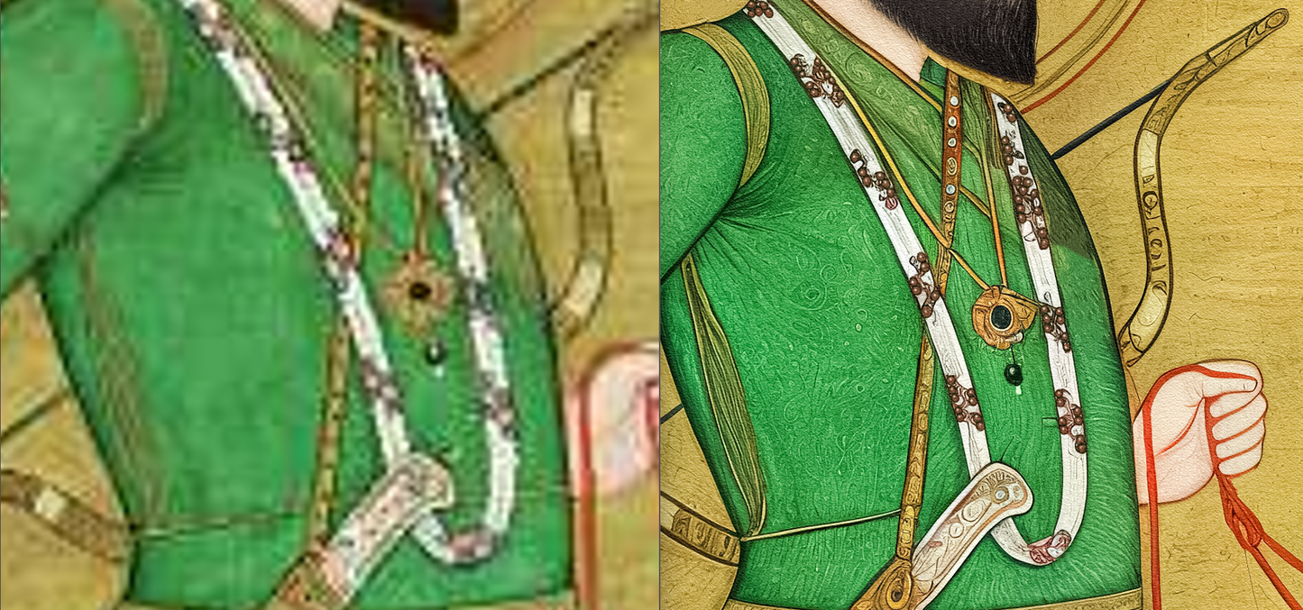 Equestrian Portrait of Guru Gobind Singh(Restored) with Nihang Attendant (ca.1830–1850)