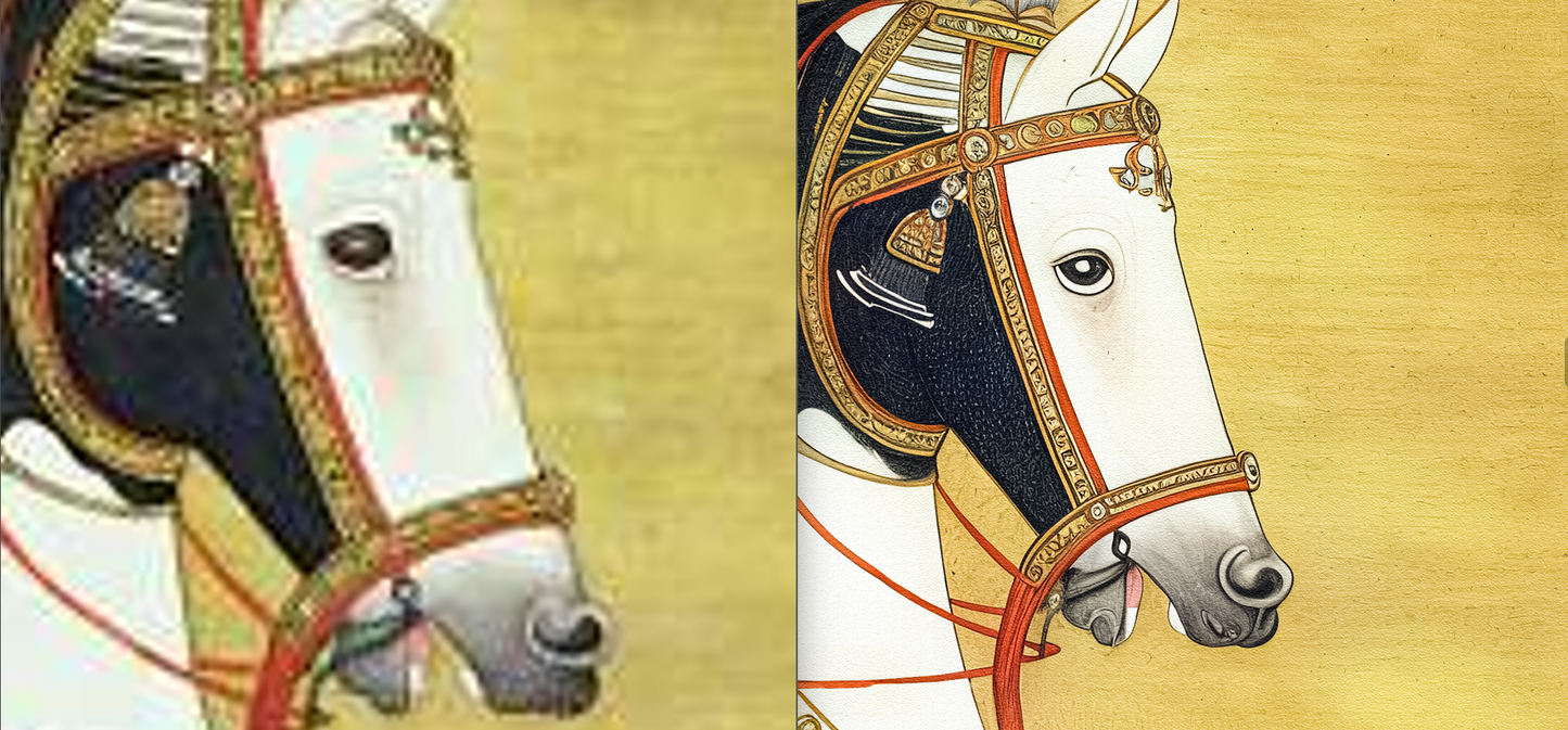 Equestrian Portrait of Guru Gobind Singh(Restored) with Nihang Attendant (ca.1830–1850)