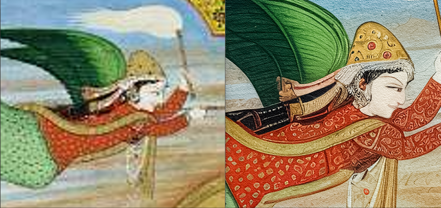 Equestrian Portrait of Guru Gobind Singh(Restored) with Nihang Attendant (ca.1830–1850)