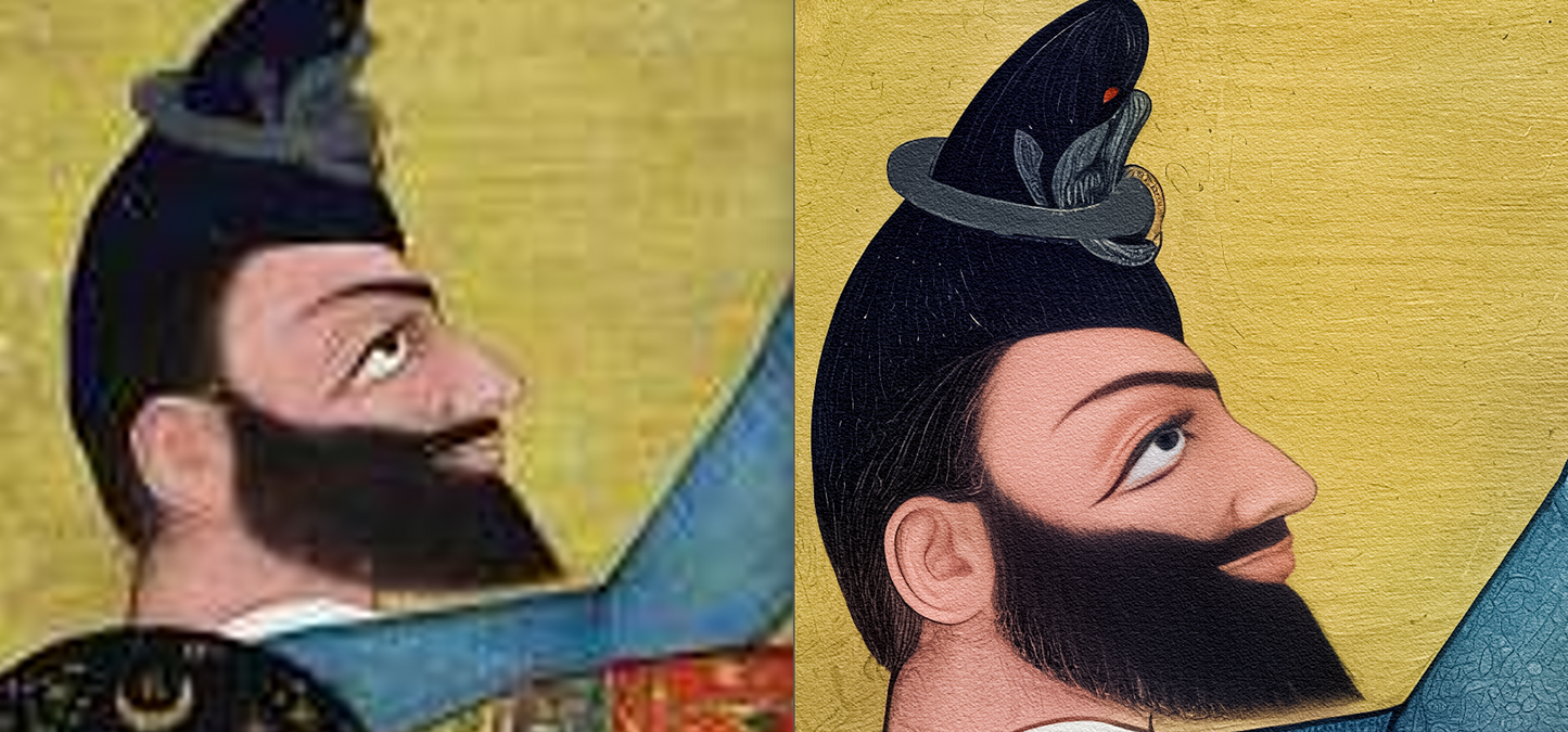Equestrian Portrait of Guru Gobind Singh(Restored) with Nihang Attendant (ca.1830–1850)
