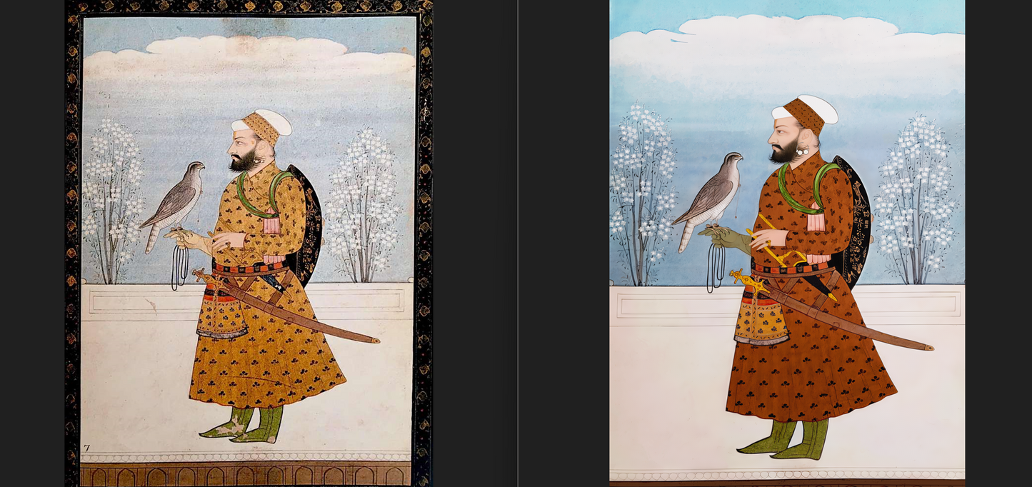 Portrait of Guru Tegh Bahadur (Restored) in Pahari Style (ca.1800, Lahore Museum)