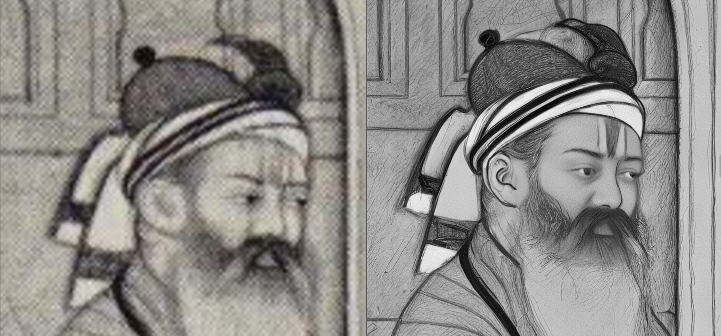 Extremely Rare Find - Imagined Meeting of Guru Nanak and Guru Gobind Singh (Pahari School, ca.1700–1775) (Restored Exclusively on Prometheus Mythos)