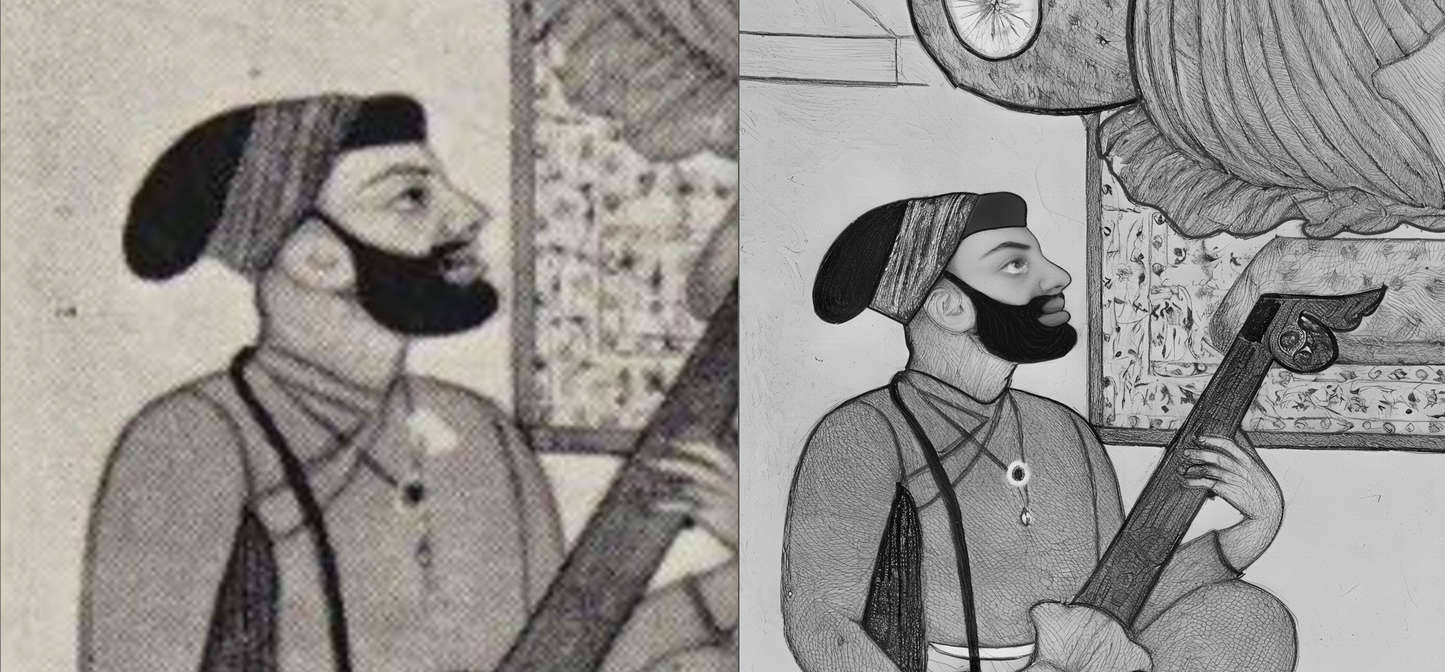 Extremely Rare Find - Imagined Meeting of Guru Nanak and Guru Gobind Singh (Pahari School, ca.1700–1775) (Restored Exclusively on Prometheus Mythos)