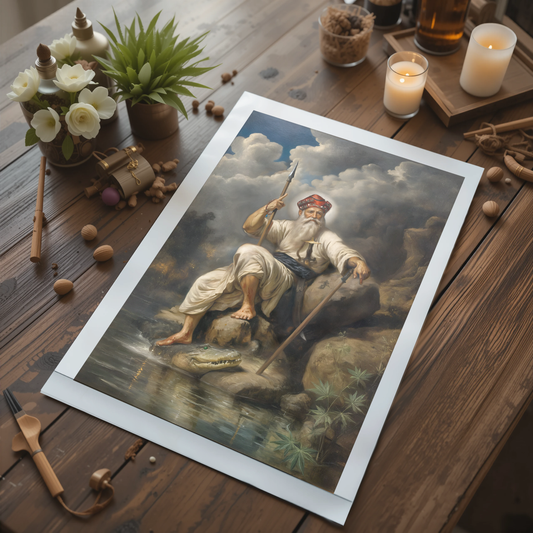 Guru Nanak Dev Ji canvas/paper art print, unframed, for USA Sikh homes. Keywords: Sikhism, Guru Nanak portrait, unframed Sikh art, Sikh founder painting, USA Sikh decor, Guru wall print, Sikh wisdom art, spiritual painting, Sikh culture, Guru Nanak teachings.