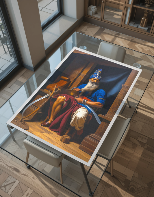 Sikh warrior Akaali Baba Phoola Singh Ji wall print for USA Sikh art collectors. Canvas or paper unframed. Keywords: Sikh history, Baba Phoola Singh, Sikh general, Khalsa Nihang, Sikh bravery, unframed canvas, Sikh painting, USA Sikh decor, Guru Gobind Singh legacy, Sikh martial tradition, spiritual soldier, Sikh portrait, Sikh battle art.