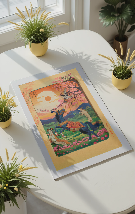 Guru Gobind Singh Ji, Neela, Rustum, Saluki, Sikh art, USA Sikh art buyers, Sikh canvas, Sikh paper print, Sikh legacy animals, Sikh companion painting, unframed Sikh art, Sikh wall print, warrior Sikh horse, Sikh hunting hounds, Guru legacy, Sikh hero art.