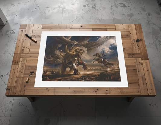 Sikh art print showing Bhai Bachittar Singh defeating the drunken war elephant. Unframed canvas or paper print, for USA buyers of Sikh martial history. Courage, battlefield valor, spiritual defense, Khalsa tradition, Sikh hero.