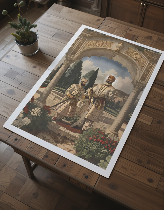 USA Sikh homes—Guru Hargobind Ji and Guru Har Rai Ji Sikh art print. Canvas or paper, unframed. Keywords: Sikh Gurus, Guru legacy, dual Guru art, Sikhism painting, Sikh wall decor, unframed print, USA Sikh heritage.