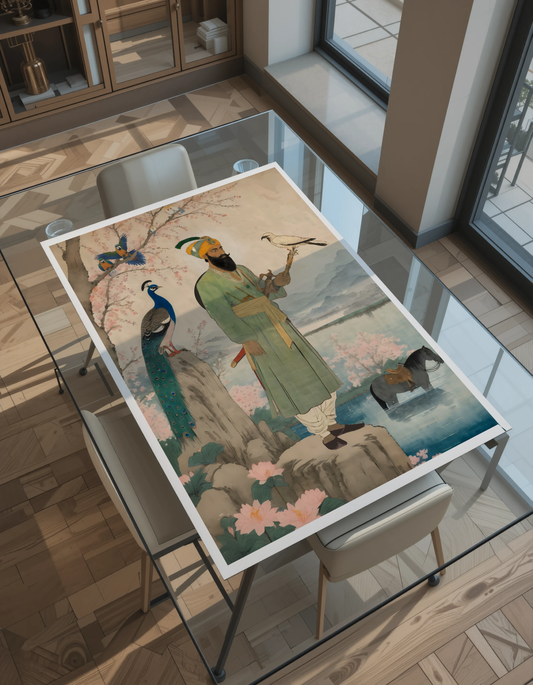 Guru Gobind Singh Ji poetic Sikh art print—Baagh-o-Bulbul Ka Ishq. Canvas or paper, unframed. USA homes. Keywords: Sikh poetry, divine Guru Gobind Singh, Sikh art, unframed canvas, Sikh symbolism, spiritual painting, emotional Sikh legacy, floral spiritual print.