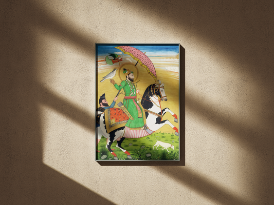 Restored Sikh equestrian painting depicting Guru Gobind Singh accompanied by a Nihang attendant, dating to circa 1830–1850. This restored historical artwork is offered as a premium fine art print for buyers in the UK, USA, and Canada. The restoration refines detail and contrast for museum-grade printing while retaining period authenticity. Ideal for collectors of Sikh warrior art, Nihang Sikh imagery, restored Sikh paintings, and high-quality art prints suitable for framing or canvas display.