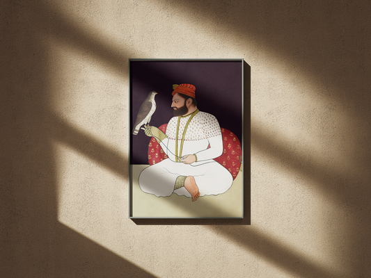 Contemporary Sikh Miniature Painting of Guru Hargobind(Restored) – Commissioned by Bhai Bidhi Chand (Mid-17th Century)