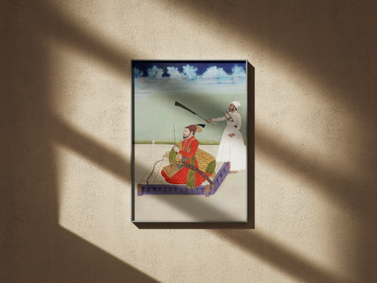 Restored Sikh artwork depicting Guru Gobind Singh from the Anandpuri Hazuri Bir tradition, dating to the 18th century. Available as a museum-quality fine art print for UK, USA, and Canadian collectors. Ideal for restored Sikh paintings, archival prints, and scholarly collections.