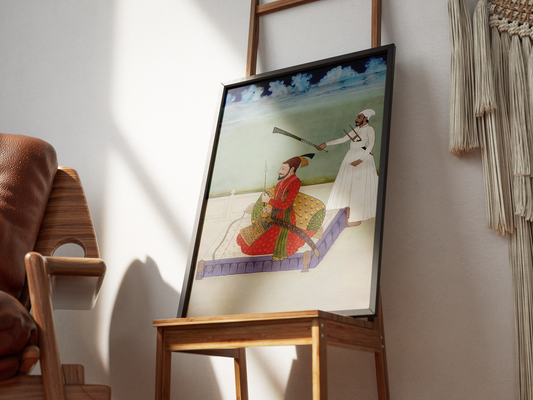 Restored Sikh artwork depicting Guru Gobind Singh from the Anandpuri Hazuri Bir tradition, dating to the 18th century. Available as a museum-quality fine art print for UK, USA, and Canadian collectors. Ideal for restored Sikh paintings, archival prints, and scholarly collections.