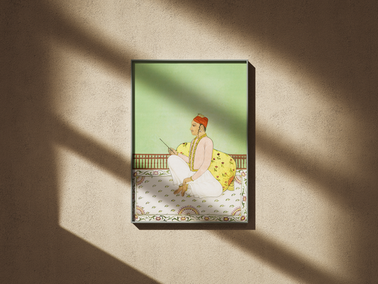 Restored Sikh miniature painting of Guru Gobind Singh from the Bhai Rupa Collection. Offered as a high-quality fine art print for collectors in the UK, USA, and Canada. Ideal for archival Sikh art prints, restored historical artwork, and cultural heritage collections.