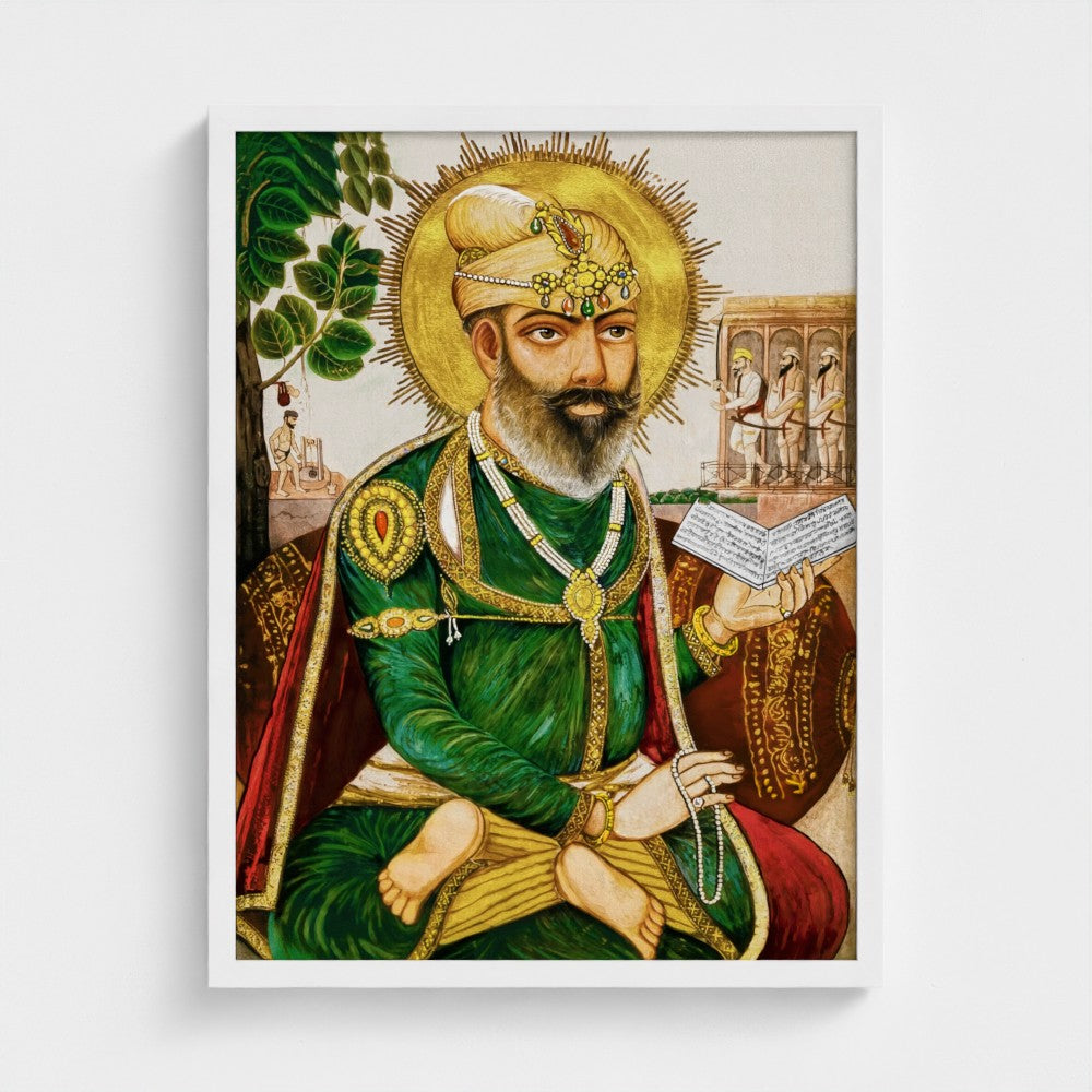 historical depiction guru tegh bahadur, guru tegh bahadur portrait sis ganj sahib, shaheedi asthan sikh art, gurdwara sis ganj sahib painting, sikh history artwork, contemporary sikh art print, restored sikh painting, guru tegh bahadur wall art, sikh heritage art print, museum quality sikh print, archival giclee sikh art, sikh religious artwork, punjabi historical painting, sikh guru portrait print, fine art sikh print uk usa canada