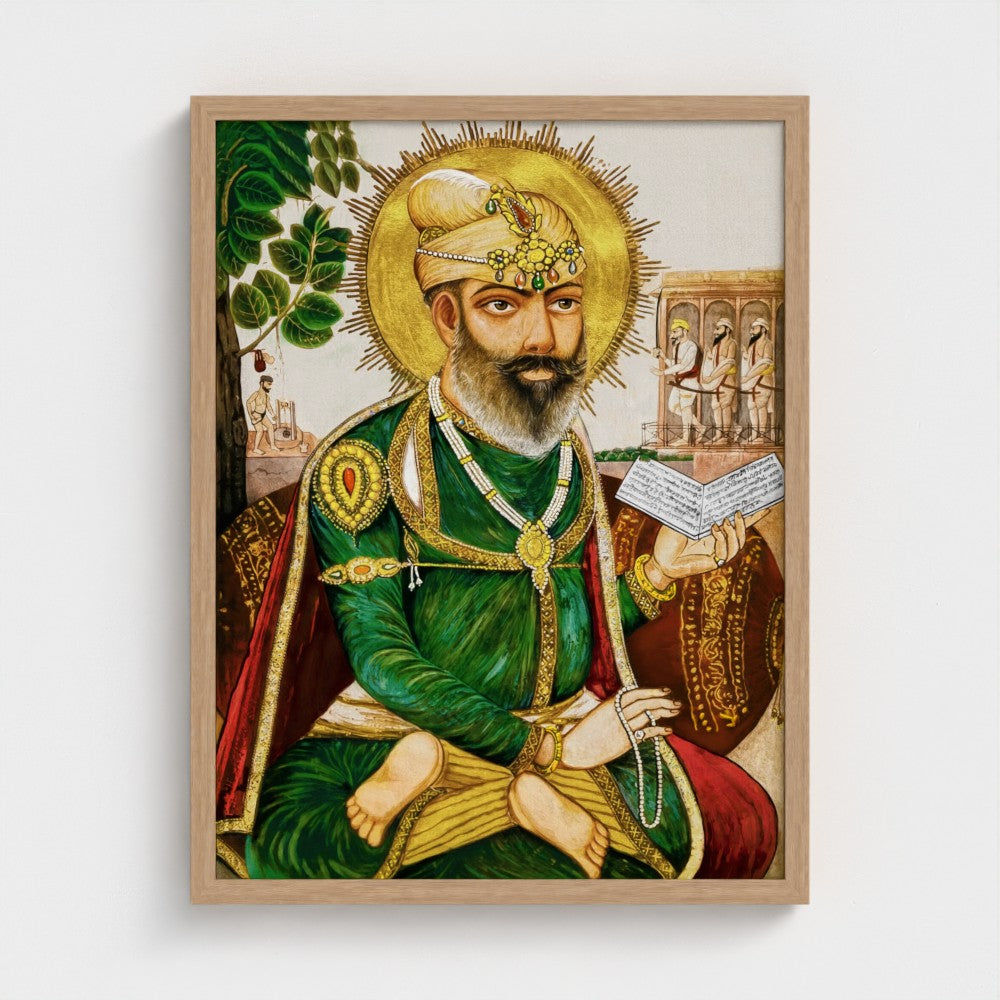guru tegh bahadur historical portrait, pahari style sikh painting reference, restored sikh miniature artwork, sikh devotional art history, gurdwara sis ganj sahib portrait study, contemporary reconstruction sikh art, museum grade sikh fine art print, sikh guru iconography painting, archival restoration sikh artwork, punjab hill painting influence sikh art, rare sikh historical image print, collector sikh fine art, sikh antiquarian artwork reproduction