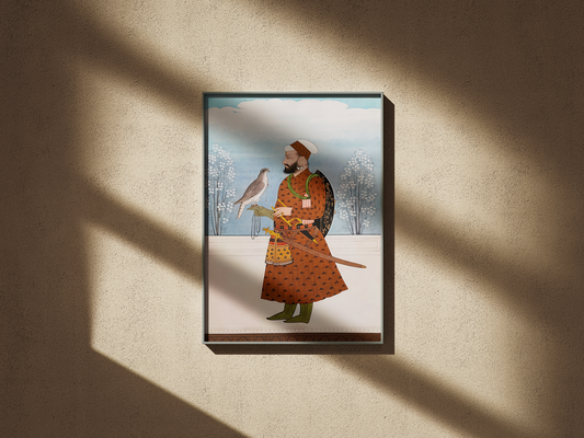 Restored portrait of Guru Tegh Bahadur in Pahari style, circa 1800, associated with the Lahore region. This restored Sikh painting is reproduced as a museum-quality fine art print for collectors in the UK, USA, and Canada. The restoration enhances facial detail, tonal balance, and historical accuracy while preserving original stylistic integrity. Ideal for Sikh art prints, archival paper prints, and heritage wall decor, this artwork appeals to collectors seeking restored Sikh portraits, Guru Tegh Bahadur pr