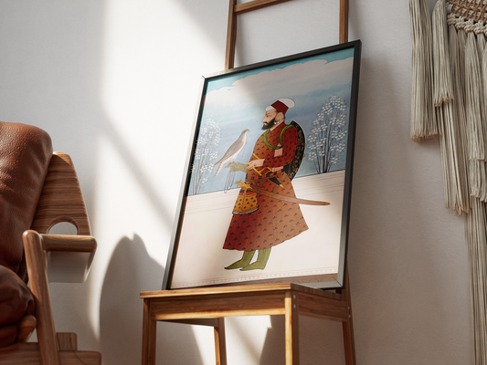 Restored portrait of Guru Tegh Bahadur in Pahari style, circa 1800, associated with the Lahore region. This restored Sikh painting is reproduced as a museum-quality fine art print for collectors in the UK, USA, and Canada. The restoration enhances facial detail, tonal balance, and historical accuracy while preserving original stylistic integrity. Ideal for Sikh art prints, archival paper prints, and heritage wall decor, this artwork appeals to collectors seeking restored Sikh portraits, Guru Tegh Bahadur pr