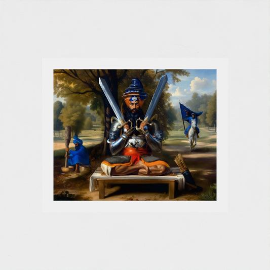 Akaali Baba Deep Singh Ji Sikh warrior portrait, unframed canvas or paper, for UK homes honoring Sikh valor, sacrifice, and spiritual strength in martial legacy.