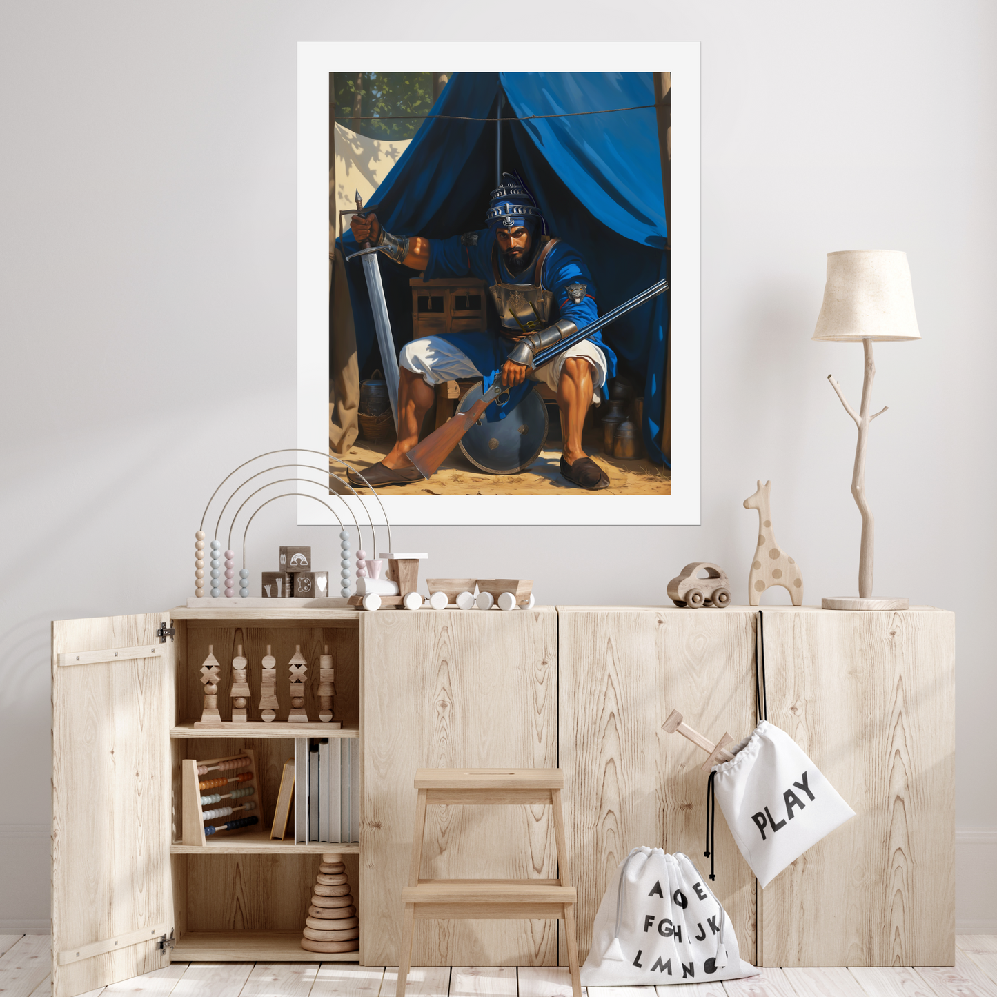 Akali Baba Hanuman Singh Ji, Sikh art print, unframed canvas/paper for UK buyers. Keywords: Akali Singh, Sikh warrior, Nihang general, Khalsa Titan, Sikh battle art, Sikh leadership, Sikh tradition, spiritual courage, Sikh painting, unframed Sikh canvas, Sikh heritage.