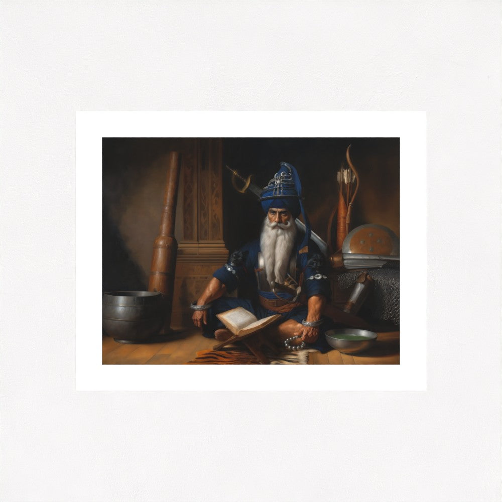 Sikh art print of Akaali Baba Deep Singh Ji in Mahakaal form. Canvas or paper, unframed. UK Sikh homes. Keywords: Baba Deep Singh Ji, Sikh martyr, Mahakaal, Sikh warrior, Sikh battle hero, Khalsa, spiritual courage, Sikh art, unframed canvas, Sikh legacy, Sikh tradition, Guru Gobind Singh Ji, Sikh decor, Baba Deep Singh painting, Sikhism, UK spiritual print.