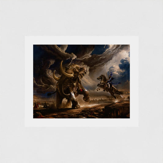 Bhai Bachittar Singh vs. War Elephant Sikh art print. Canvas/paper, unframed. UK Sikh homes. Sikh warrior bravery, Sikh history, martial tradition, epic moment, Sikh courage, spiritual valor, Guru’s warrior, Sikh battle print, legacy piece.