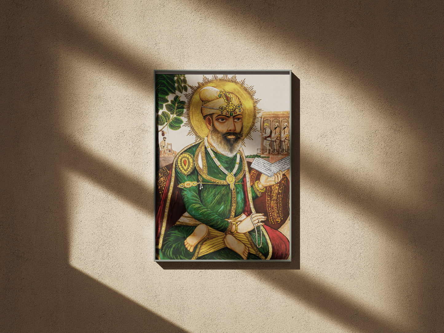 historical depiction guru tegh bahadur, guru tegh bahadur portrait sis ganj sahib, shaheedi asthan sikh art, gurdwara sis ganj sahib painting, sikh history artwork, contemporary sikh art print, restored sikh painting, guru tegh bahadur wall art, sikh heritage art print, museum quality sikh print, archival giclee sikh art, sikh religious artwork, punjabi historical painting, sikh guru portrait print, fine art sikh print uk usa