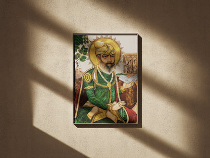 historical depiction guru tegh bahadur, guru tegh bahadur portrait sis ganj sahib, shaheedi asthan sikh art, gurdwara sis ganj sahib painting, sikh history artwork, contemporary sikh art print, restored sikh painting, guru tegh bahadur wall art, sikh heritage art print, museum quality sikh print, archival giclee sikh art, sikh religious artwork, punjabi historical painting, sikh guru portrait print, fine art sikh print uk usa