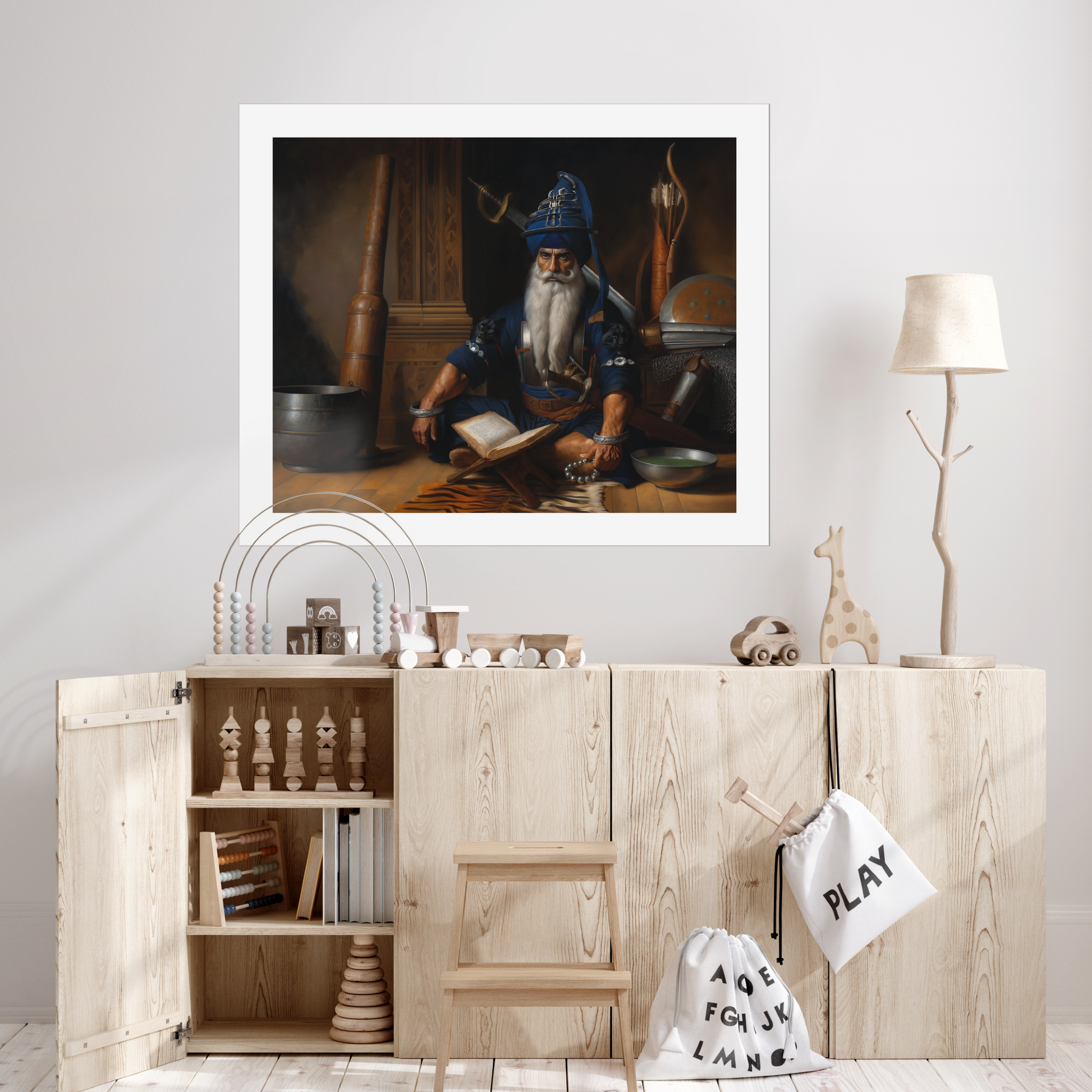 Baba Deep Singh Ji Sikh hero art print for USA Sikh homes. Unframed canvas/paper. Keywords: Mahakaal, Sikh legacy, spiritual warrior, Sikh art, Guru Gobind Singh Ji, Sikh painting, battlefield bravery, Sikh martyr, Sikh cultural print, USA decor.