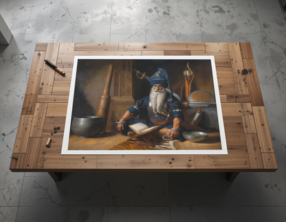 Baba Deep Singh Ji Sikh hero art print for USA Sikh homes. Unframed canvas/paper. Keywords: Mahakaal, Sikh legacy, spiritual warrior, Sikh art, Guru Gobind Singh Ji, Sikh painting, battlefield bravery, Sikh martyr, Sikh cultural print, USA decor.