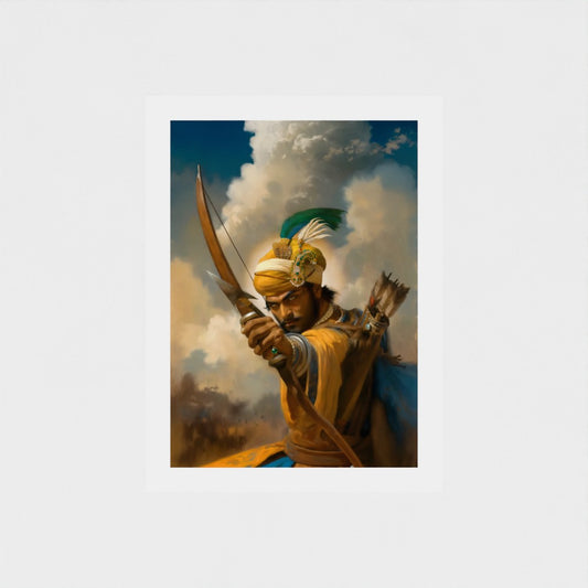 Sikh art print of young Gobind Rai, future Guru Gobind Singh Ji. This unframed canvas or paper artwork is perfect for UK collectors and Sikh families looking for legacy wall decor. A beautiful and symbolic print that captures the divine essence and royal bearing of Gobind Rai for cultural pride and home display.