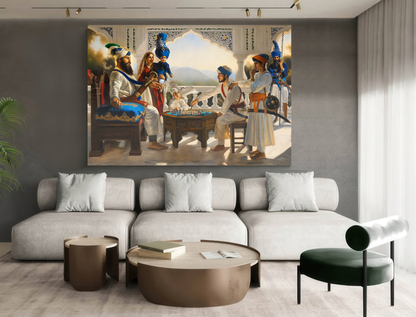 Guru Gobind Singh Char Sahibzaade painting USA, Guru Gobind Singh with Sahibzade art print USA, Char Sahibzaade Sikh wall art USA, Sikh history painting print USA, Sikh religious wall art USA, Guru Gobind Singh Ji artwork USA, Sikh heritage canvas print USA, Sikh historical family portrait USA,Guru Gobind Singh Char Sahibzaade painting Australia, Guru Gobind Singh with Sahibzade art print Australia, Char Sahibzaade Sikh wall art Australia, Sikh history painting print Australia, Sikh religious artwork.