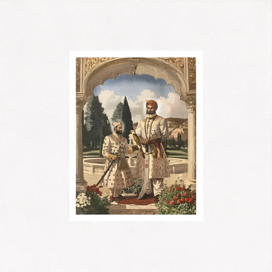 Sikh legacy art print of Guru Hargobind Sahib Ji and Guru Har Rai Ji. Canvas or paper, unframed. UK Sikh homes. Keywords: Guru Hargobind Ji, Guru Har Rai Ji, Sikh Guru painting, Sikh legacy print, dual Guru portrait, unframed Sikh canvas, UK spiritual art, Khalsa Gurus, Sikh teaching, Sikh spiritual wall print, Sikh art UK.