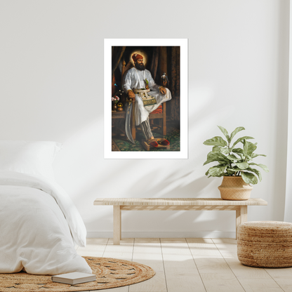 Guru Hargobind Sahib Ji, sixth Guru, Sikh martial art, Sikh legacy, Sikh warrior saint, UK Sikh wall art, canvas Sikh print, Sikh paper art, unframed, Sikh Guru painting, Sikh heritage print, Sikh devotional wall decor, Sikh history, Guru Hargobind Ji canvas.