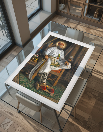 Guru Hargobind Ji, Sikh art, Sikh Guru painting, Sikh canvas, unframed Sikh wall art, USA Sikh print buyers, sixth Guru of Sikhism, Sikh spiritual legacy, Sikh martial tradition, Guru Hargobind canvas print.