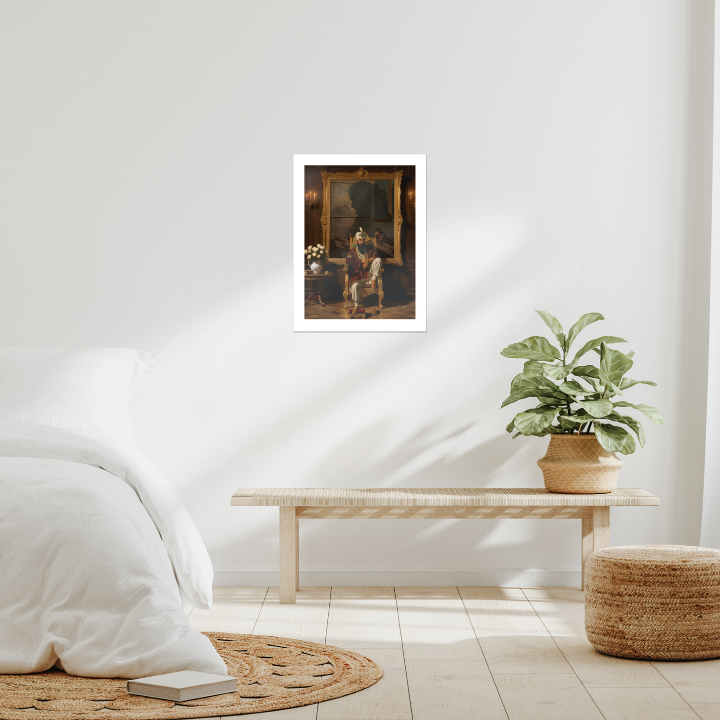 Sikh art print of Maharaja Ranjit Singh Ji, Sher-e-Panjaab. Canvas or paper, unframed. UK Sikh homes. Keywords: Maharaja Ranjit Singh, Sikh empire, Sikh king, Sher-e-Panjaab, Sikh leadership, Sikh royal art, Sikh legacy print, unframed canvas, Sikh ruler portrait, UK heritage wall decor, Sikh power, Sikh warrior king.