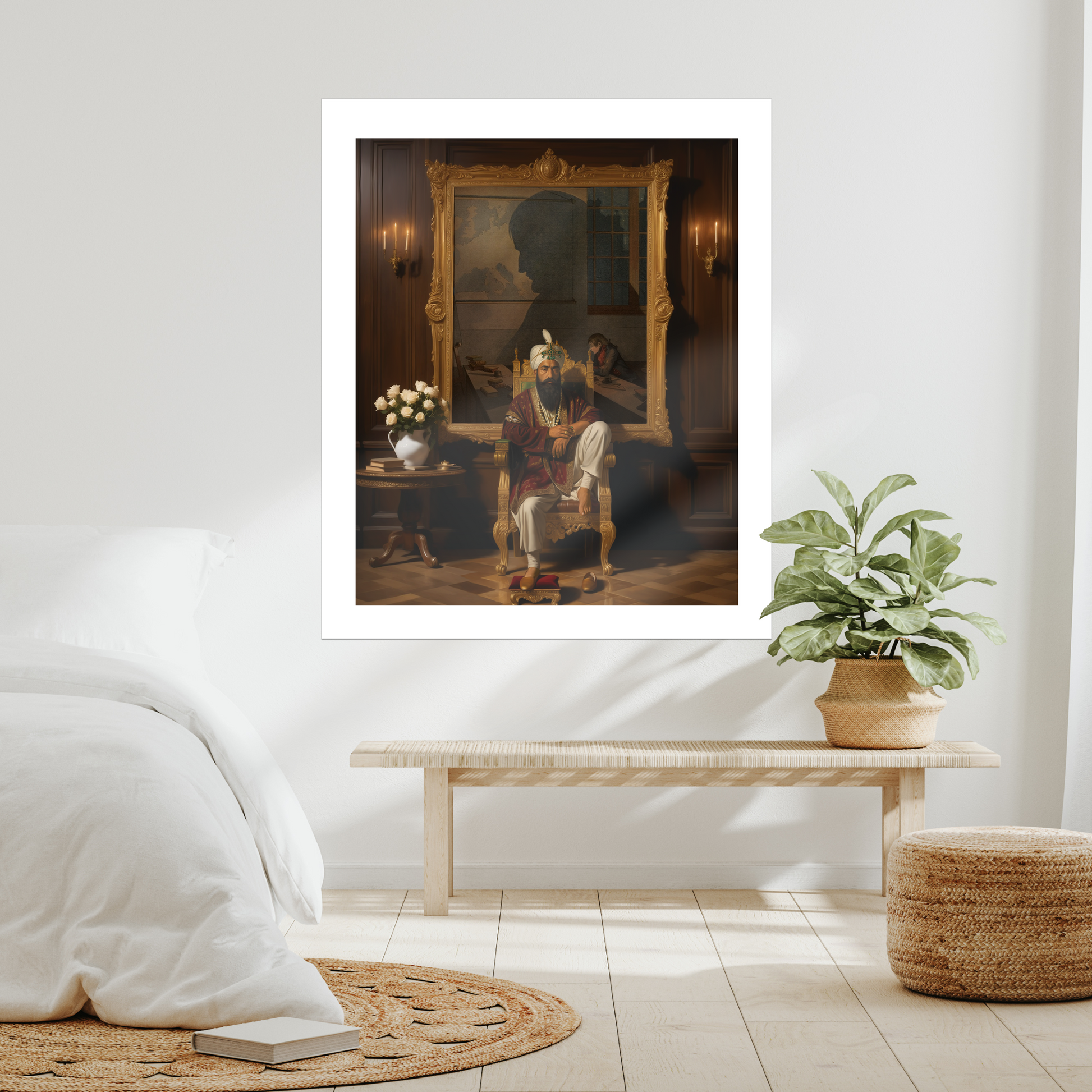 Sikh art print of Maharaja Ranjit Singh Ji, Sher-e-Panjaab. Canvas or paper, unframed. UK Sikh homes. Keywords: Maharaja Ranjit Singh, Sikh empire, Sikh king, Sher-e-Panjaab, Sikh leadership, Sikh royal art, Sikh legacy print, unframed canvas, Sikh ruler portrait, UK heritage wall decor, Sikh power, Sikh warrior king.