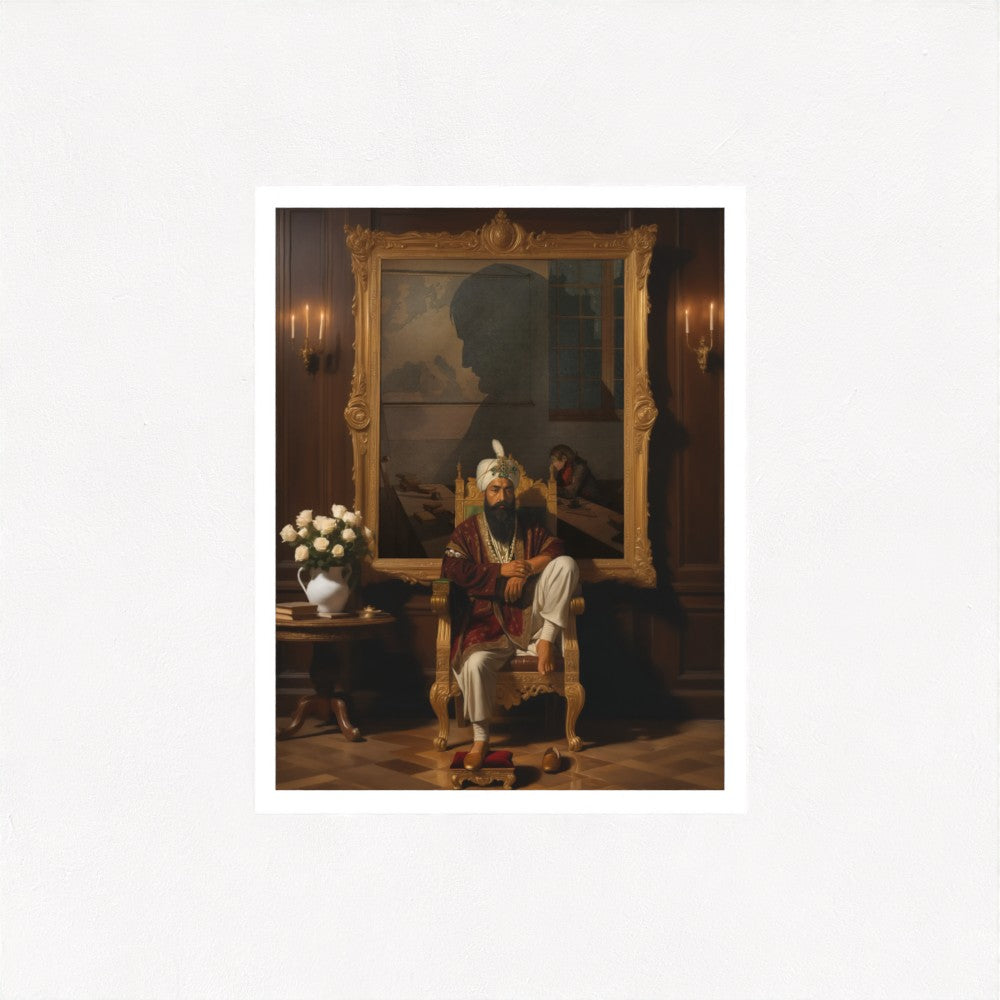 Sikh art print of Maharaja Ranjit Singh Ji, Sher-e-Panjaab. Canvas or paper, unframed. UK Sikh homes. Keywords: Maharaja Ranjit Singh, Sikh empire, Sikh king, Sher-e-Panjaab, Sikh leadership, Sikh royal art, Sikh legacy print, unframed canvas, Sikh ruler portrait, UK heritage wall decor, Sikh power, Sikh warrior king.