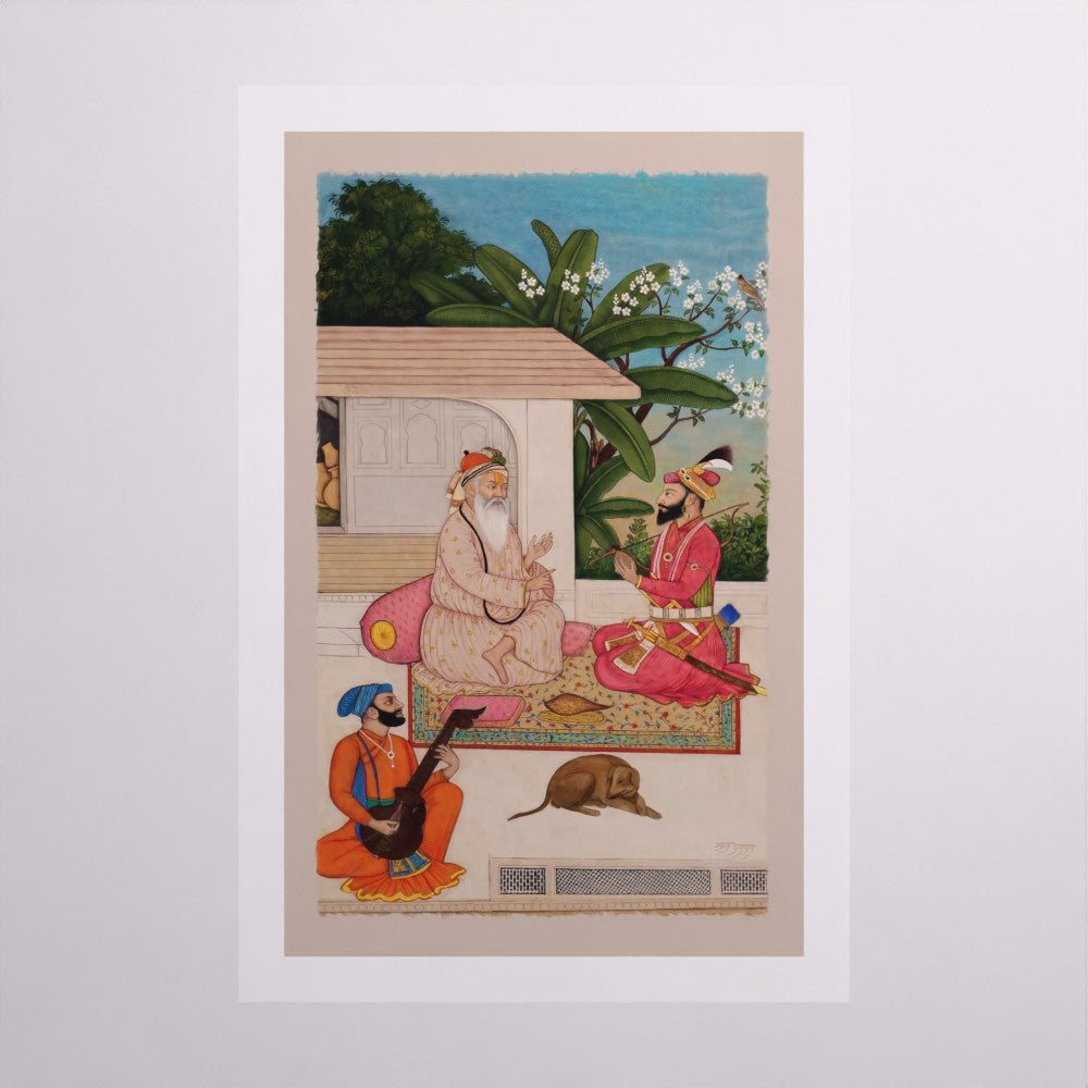 Extremely Rare Find - Imagined Meeting of Guru Nanak and Guru Gobind Singh (Pahari School, ca.1700–1775) (Restored Exclusively on Prometheus Mythos)