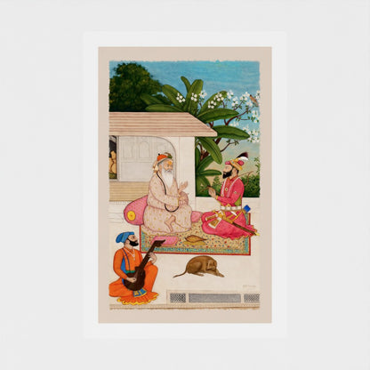 Extremely Rare Find - Imagined Meeting of Guru Nanak and Guru Gobind Singh (Pahari School, ca.1700–1775) (Restored Exclusively on Prometheus Mythos)