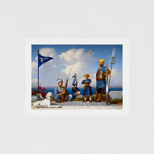 Char Farzand Sahibzaade Sikh art print, canvas or paper, unframed for UK buyers. Depicts Guru Gobind Singh Ji’s sons at Paonta Sahib. Sikh legacy, Sikh children of Guru, martyrdom, Khalsa pride, family honor, Sikh spiritual art, heritage print, Sikh battle history, Sikh family.