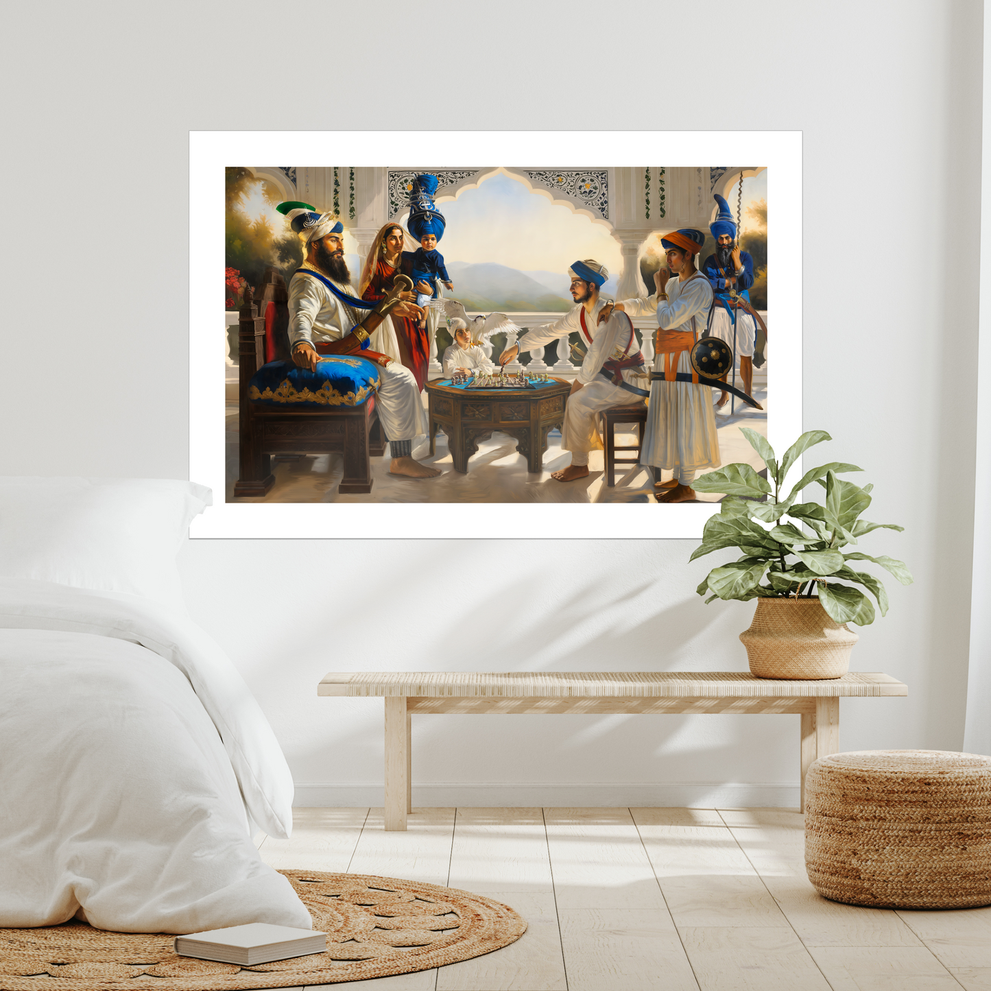 Canvas or paper Sikh art print of Guru Gobind Singh Ji’s family. This unframed Sikh print is made for Canadian Sikh collectors, devotional households, and cultural interior decorators. Celebrate Sikh history with this Guru Gobind Singh Ji heritage painting.