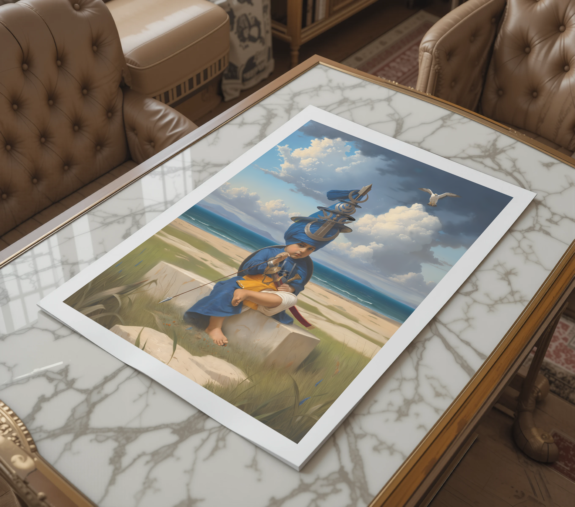 USA Sikh homes—Baba Fateh Singh Ji in Mahakaal form, canvas/paper print. Keywords: Sikh child saint, Sikh sacrifice, Guru Gobind Singh Ji, Sikh courage, unframed art, Sikh divine strength, Mahakaal symbolism, Sikh history, Sikh art print, USA Sikh spiritual decor, Khalsa child.