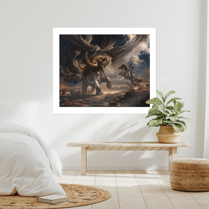 Sikh art print showing Bhai Bachittar Singh defeating the drunken war elephant. Unframed canvas or paper print, for USA buyers of Sikh martial history. Courage, battlefield valor, spiritual defense, Khalsa tradition, Sikh hero.