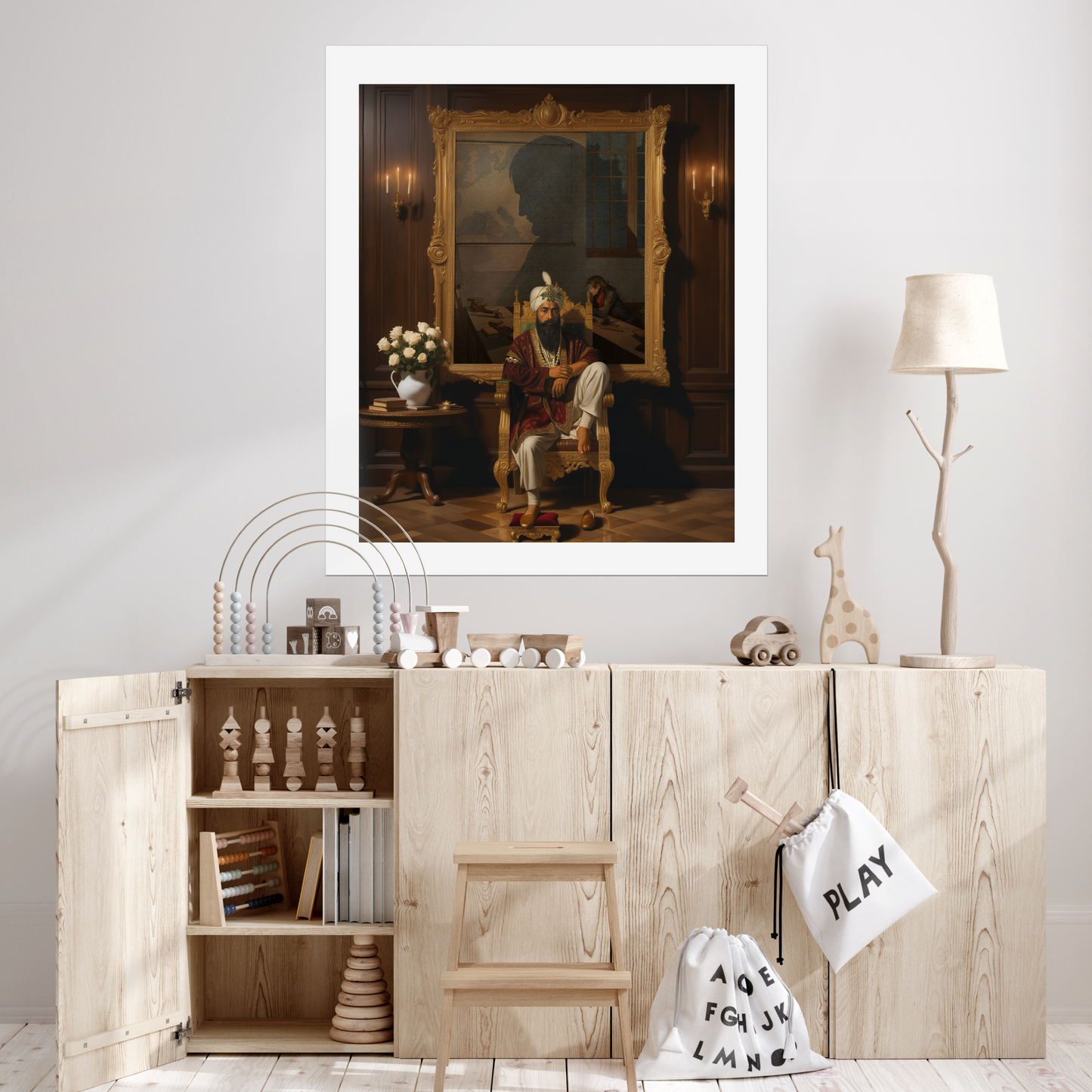 Sikh king Maharaja Ranjit Singh Ji art print for USA homes. Canvas/paper unframed. Keywords: Sikh royalty, empire builder, Sikh history, Ranjit Singh painting, Guru legacy, Khalsa rule, spiritual sovereign, USA Sikh decor.