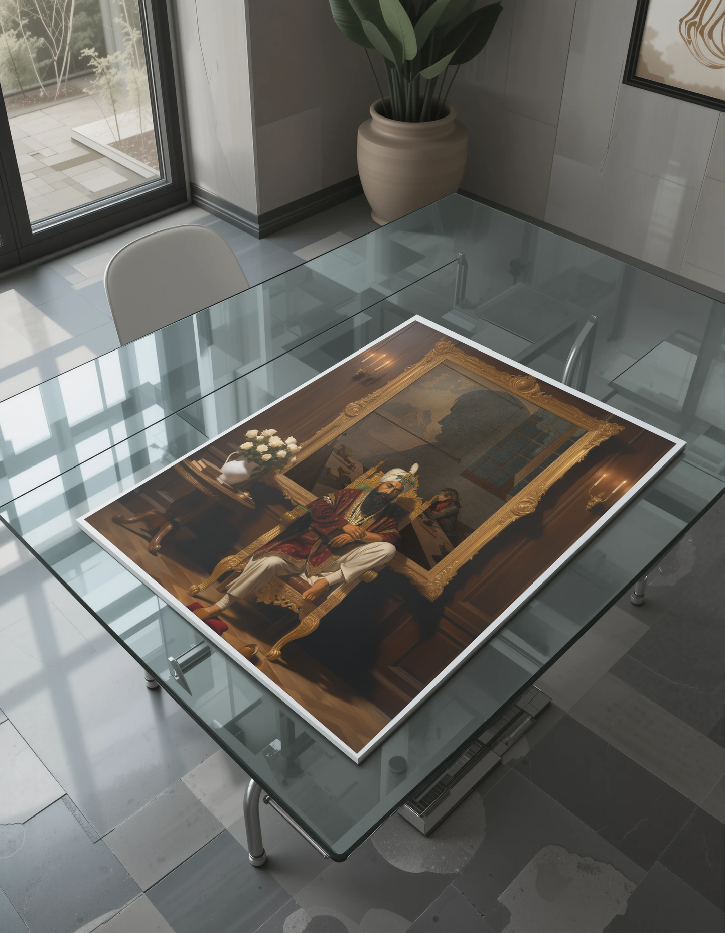 Sikh king Maharaja Ranjit Singh Ji art print for USA homes. Canvas/paper unframed. Keywords: Sikh royalty, empire builder, Sikh history, Ranjit Singh painting, Guru legacy, Khalsa rule, spiritual sovereign, USA Sikh decor.