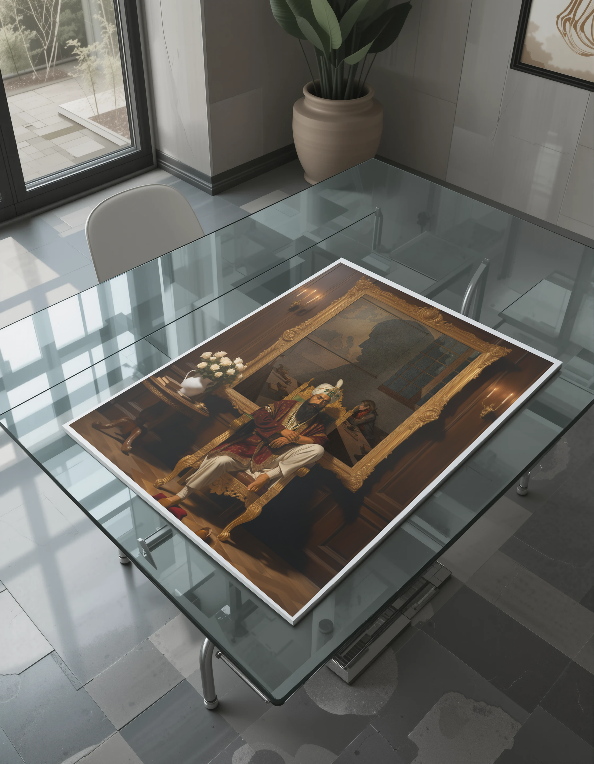 Sikh king Maharaja Ranjit Singh Ji art print for USA homes. Canvas/paper unframed. Keywords: Sikh royalty, empire builder, Sikh history, Ranjit Singh painting, Guru legacy, Khalsa rule, spiritual sovereign, USA Sikh decor.