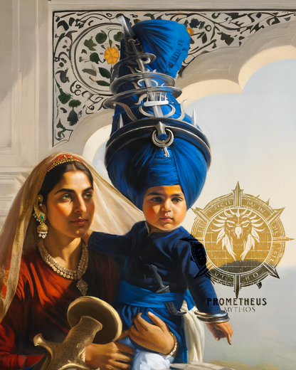 Sikh family art print of Guru Gobind Singh Ji on canvas or paper, decor piece for Canada.